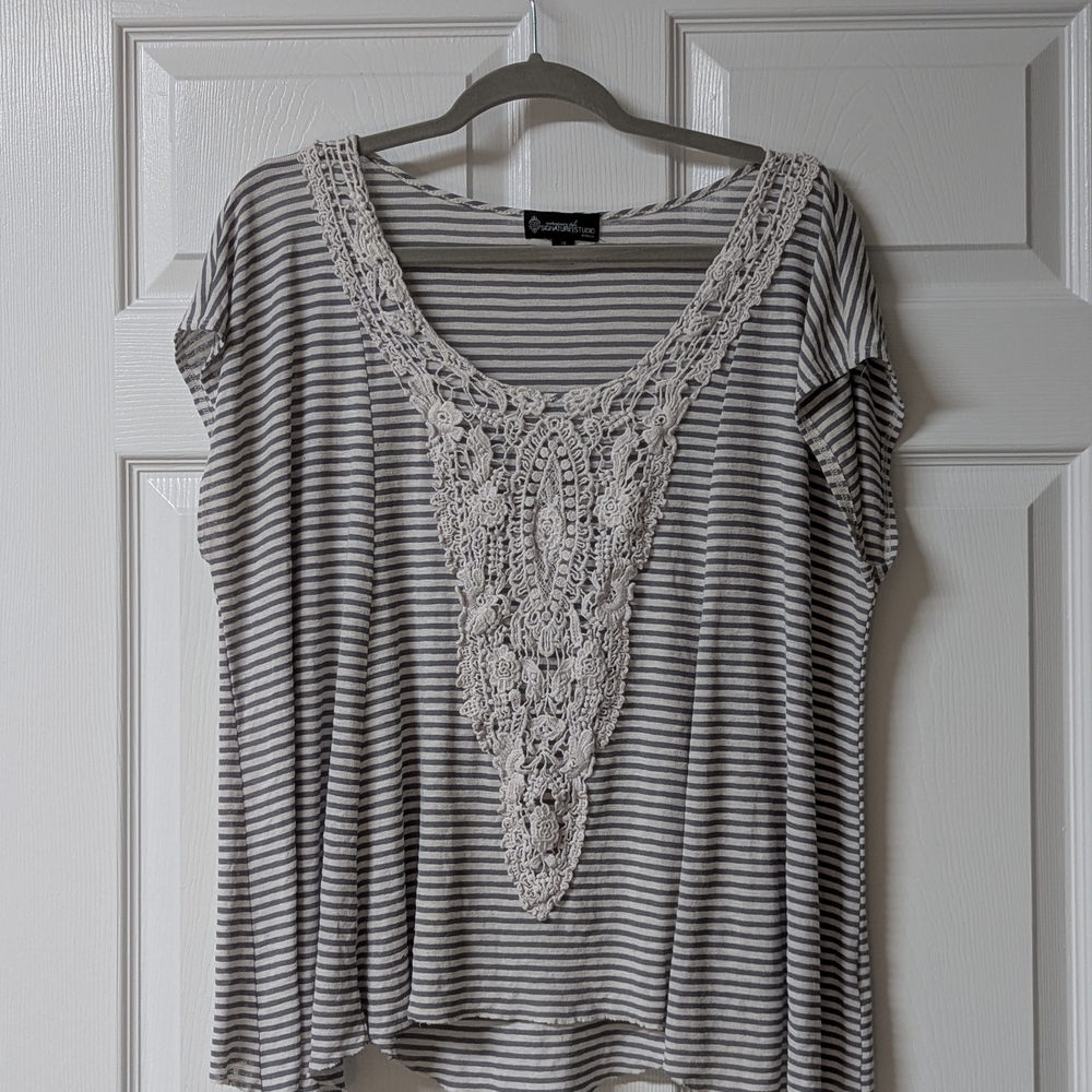 Striped Gray Lace Accent Top